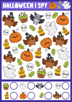 Halloween I spy game for kids. Searching and counting activity with cute kawaii holiday symbols. Scary autumn printable worksheet for preschool children. Simple all saints day spotting puzzle.