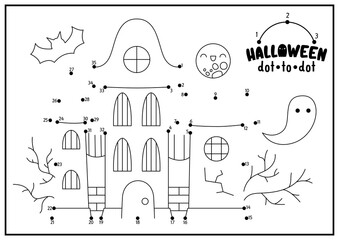 Vector Halloween dot-to-dot and color activity with cute kawaii haunted house. Autumn holiday connect the dots game for children. All saints day coloring page for kids. Printable worksheet.