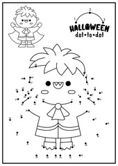 Vector Halloween dot-to-dot and color activity with cute kawaii vampire. Autumn holiday connect the dots game for children. All saints day coloring page for kids. Printable worksheet.