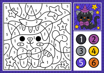 Vector Halloween color by number activity with cute kawaii cat. Autumn scary holiday scene. Black and white counting game with funny animal. Trick or treat coloring page for kids.
