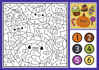 Vector Halloween color by number activity with cute kawaii sweets. Autumn scary holiday scene. Black and white counting game with candy, pumpkin. Trick or treat coloring page for kids.