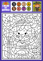 Vector Halloween color by number activity with cute kawaii witch and pumpkin. Autumn scary holiday scene. Black and white counting game with spooky cottage. Trick or treat coloring page for kids.