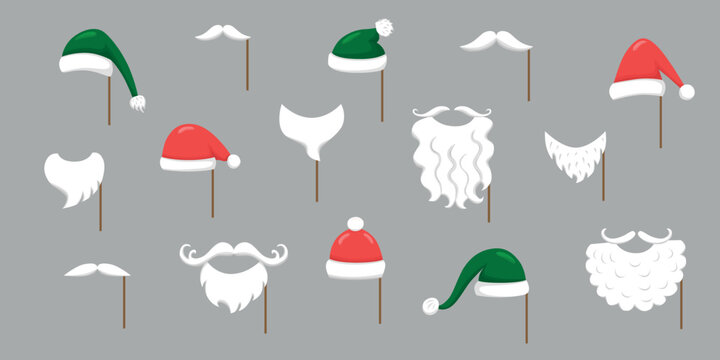 Christmas Santa hats, moustache, beard set for photo prop box. Vector stock illustration isolated on background for photo booth winter holiday industry. 