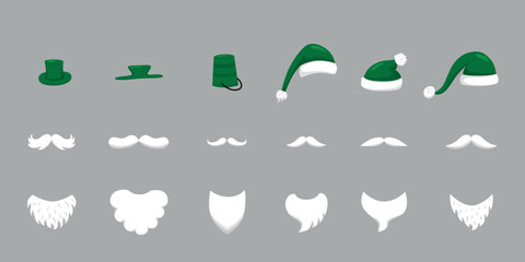 Christmas Santa hats, moustache, beard set for photo prop box. Vector stock illustration isolated on background for photo booth winter holiday industry.  © l.v.l