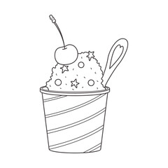 Outline Ice cream with sprinkles, cherry and spoon in a striped bucket. Dairy cold dessert. Seasonal sweet food. black and white doodle hand drawn Vector illustration isolated on white background.