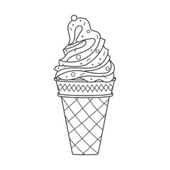 Outline ice cream in a waffle cone with sprinkles. Summer sweet food. Delicious frozen dessert. Vector linear doodle Hand drawn black and white illustration isolated on a white background