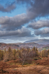 Majestic landscape image of stunning Autumn sunset light across Langdale Pikes looking from Holme Fell in Lake District