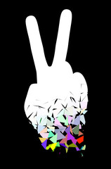 Multicolored hand with victory sign isolated on black background. Illustration.