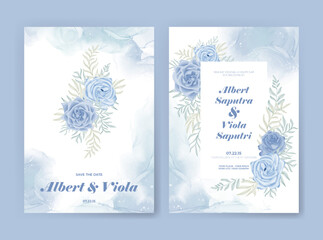 Fototapeta na wymiar wedding invtitation template with blue rose watercolor decoration