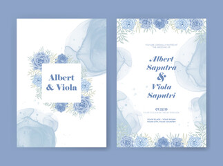 wedding invtitation template with blue rose watercolor decoration