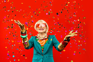 Cool and stylish senior old woman with fashionable clothes - Colorful portrait of funny happy...