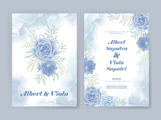 wedding invtitation template with blue rose watercolor decoration