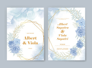 wedding invtitation template with blue rose watercolor decoration