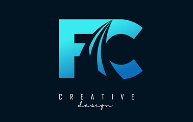 Creative blue letters FC f c logo with leading lines and road concept design. Letters with geometric design.