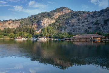 Rock-cut temple tombs in Kaunos Dalyan, Turkey (kaya mezarlari) Ancient city of Kaunos on river Dalyan (Caunus). City of ancient Caria and in Anatolia