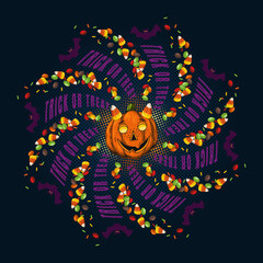 Fototapeta premium Round halloween illustration with flying apart candy, sweets, halftone shapes, bat, pumpkin stylized as little devil, kids face. Bright holiday swirl mandala with traditional text Trick or Treat.