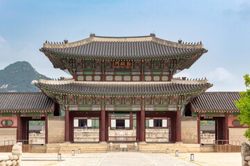 Colorful traditional wood Korean architecture temple building main entrance gate Changdeokgung...