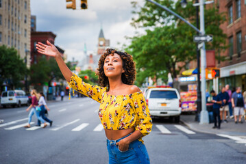 Pretty african american girl in New York - Beautiful young black adult woman strolling outdoors - obrazy, fototapety, plakaty