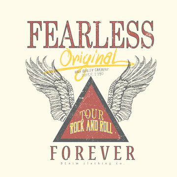 Original fearless rock and roll tour, Eagle wings fly vector artwork design for t-shirt and others. Rock and roll graphic print design for apparel, vintage vector t shirt design. Rock and roll 