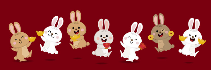Happy Chinese new year greeting card 2023 with cute rabbit in red costume with wealth gold money. Animal holidays cartoon character. -Vector