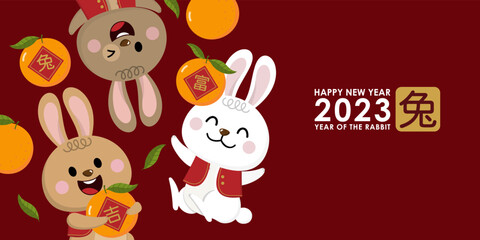 Happy Chinese new year greeting card 2023 with cute rabbit with oranges. Animal holidays cartoon character. Translate: rabbit, lucky. -Vector