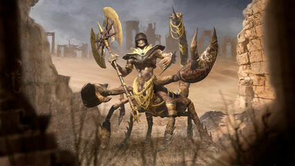 A scorpion man in golden armor and jewelry with an axe stands under the scorching sun in the desert among the ruins of an ancient city. Fantasy character with large claws, sharp spikes and a long tail