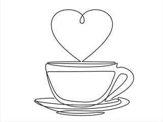 Continuous line drawing. A cup of hot drink. Heart shaped steam.