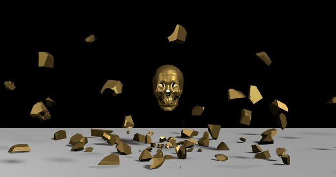 Exploding fragments of excess material around the human skull. Flying bronze shards. Light yellow metal skull. 3D render.