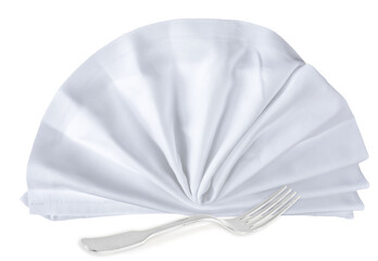 Fourchette et serviette blanche en tissu, fond blanc 