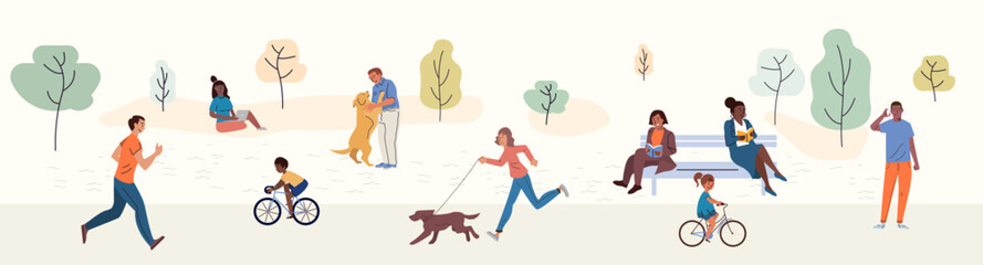 People walk on road, characters activity in city park. Happy woman running with dog, girl sitting on bench to read book, kid bicyclist cycling flat vector illustration. Recreation, community concept