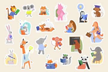 Fototapeta na wymiar School students animals, cute toy stickers for kids set vector illustration. Cartoon funny happy wild characters study alphabet with books and blackboard. Back to zoo school, education concept