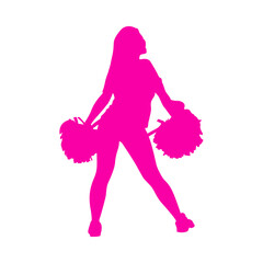 Fototapeta na wymiar Logo cheerleader. Silueta de mujer joven animadora bailando con pompón aislada en color rosa