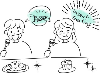昆虫食を食べる笑顔の子供のイラスト