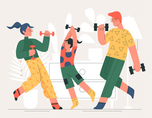Fototapeta premium Active sport exercises and physical workout of family. Cartoon characters training at home, happy parent and kid or siblings holding dumbbells flat vector illustration. Wellbeing, fitness concept