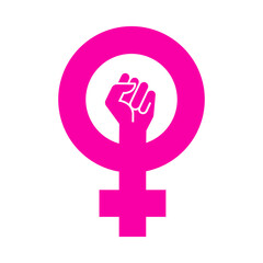 Logotipo feminista. Silueta del símbolo femenino con puño cerrado aislado en color rosa
