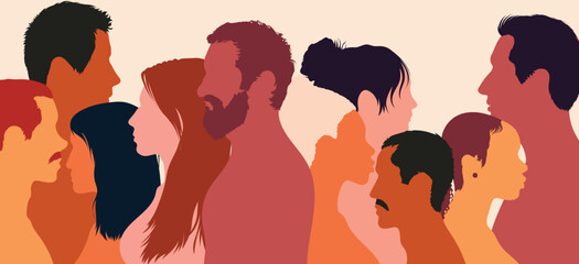 People of multi-ethnic and multicultural origins. Diversity of culture. Racial equality. Self-confidence. Multi-national community. Vector flat cartoon illustration.