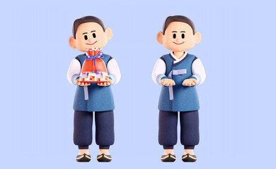 A boy wearing hanbok gives a gift for the holiday