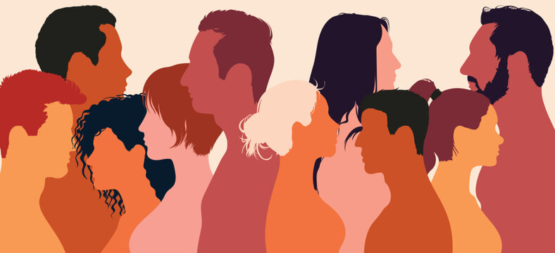 A flat cartoon group of people representing a diverse and multicultural society. Partnership, cooperation, friendship, and teamwork.