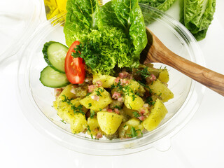 Potato Salad with Bacon in a Plastic Bowl for Take away