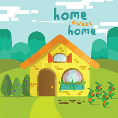 simple flat design house cute illustration for kids, cute design.