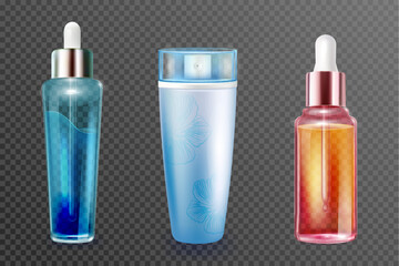3d cosmetic bottles set vector illustration. Realistic blue and gold glass container with serum or oil essence and dropper, plastic package with spray button isolated on transparent background