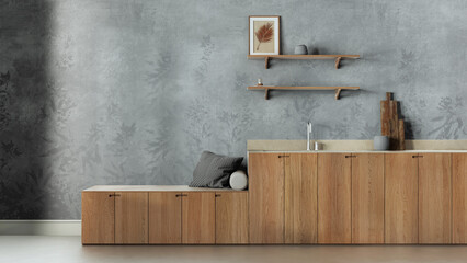 Trendy cozy kitchen in white and gray tones. Wallpaper, wooden cabinets, shelves and bench. Concrete floor, japandi interior design