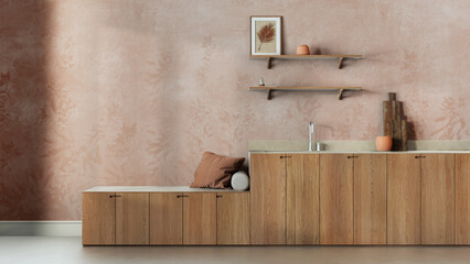 Trendy cozy kitchen in white and orange tones. Wallpaper, wooden cabinets, shelves and bench. Concrete floor, japandi interior design