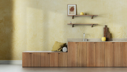 Trendy cozy kitchen in white and yellow tones. Wallpaper, wooden cabinets, shelves and bench. Concrete floor, japandi interior design