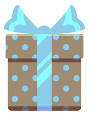 Cute gift box icon. Present in polka dot wrapping paper with silk ribbon bow