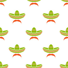 Seamless pattern with sombrero and mustache. Mexican hats ornament on white background.