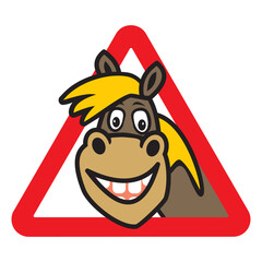 Horse on board, head at triangle red frame, road sign, label, vector crazy illustration