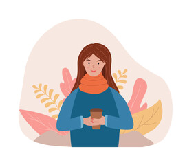 Fototapeta na wymiar A girl with a cup of coffee on the background of an autumn pattern. Vector illustration, concept fall warmth.