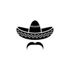 Sombrero, Mexican hat with mustache black icon. Flat logo isolated on white. vector illustration.