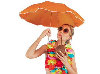 Woman cover herself from the sun radiation with an umbrella